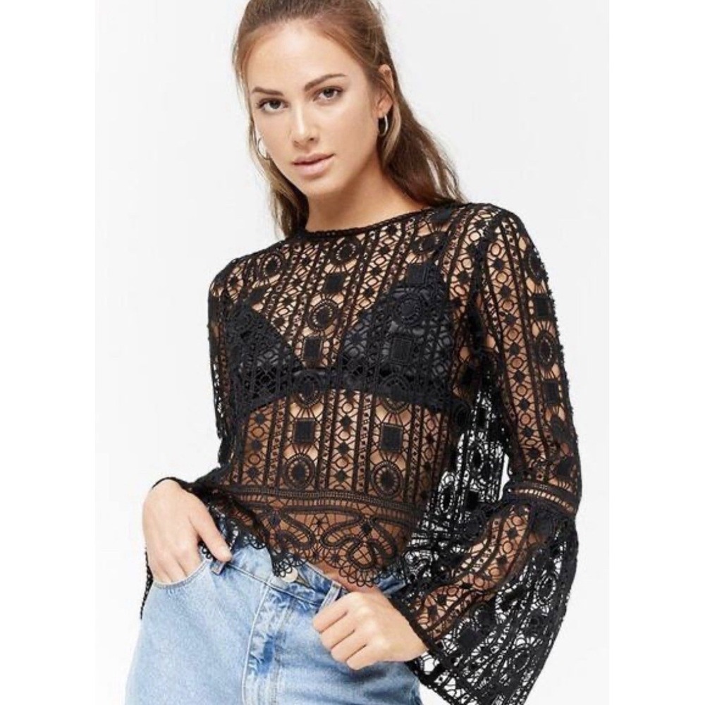 FOREVER 21 lace black blouse Top~Size L~ Whimsigoth/ Boho Chic / Y2K